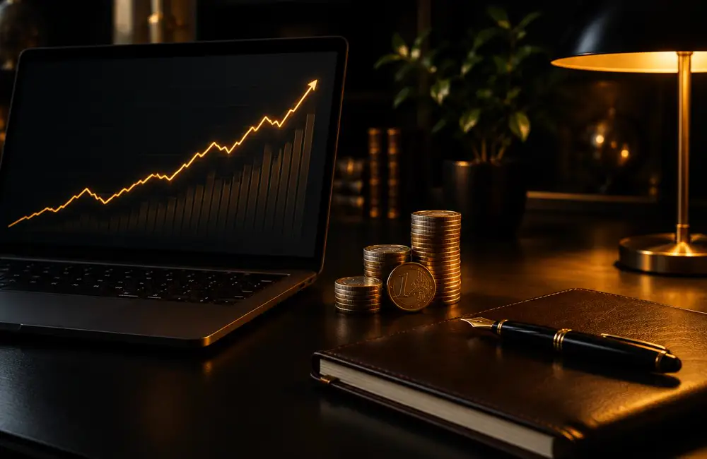 Laptop con grafico in crescita, monete in euro e agenda in pelle